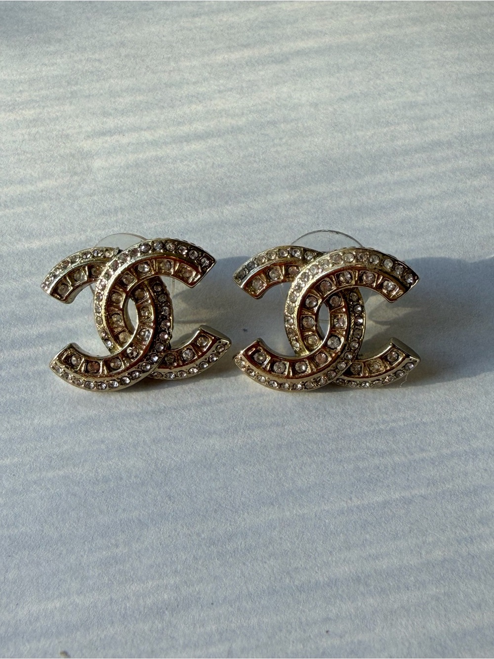 CHANEL Gold Crystal Vintage Interlocking CC Stud Earrings